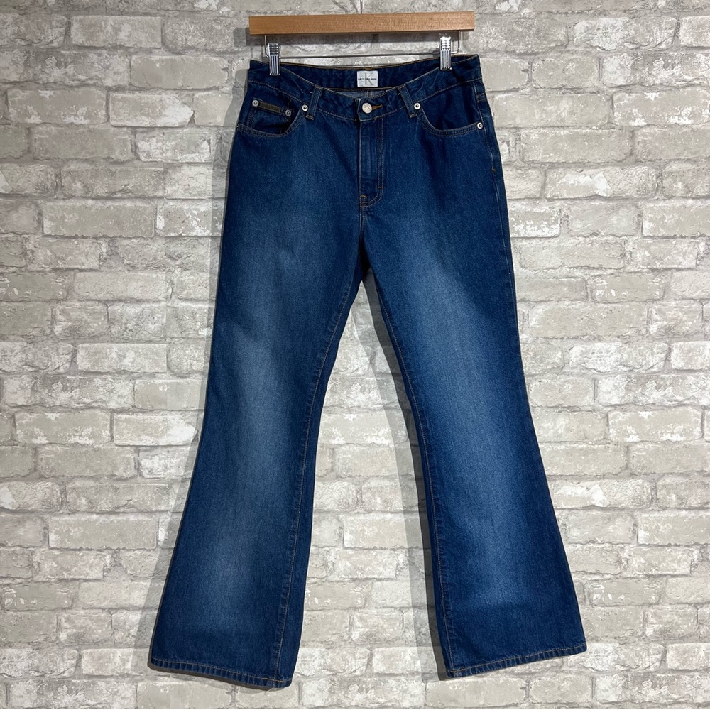 Vintage 90s Calvin Klein Flare Leg Jeans Leather Patch on Back Women's Sz 29 EUC